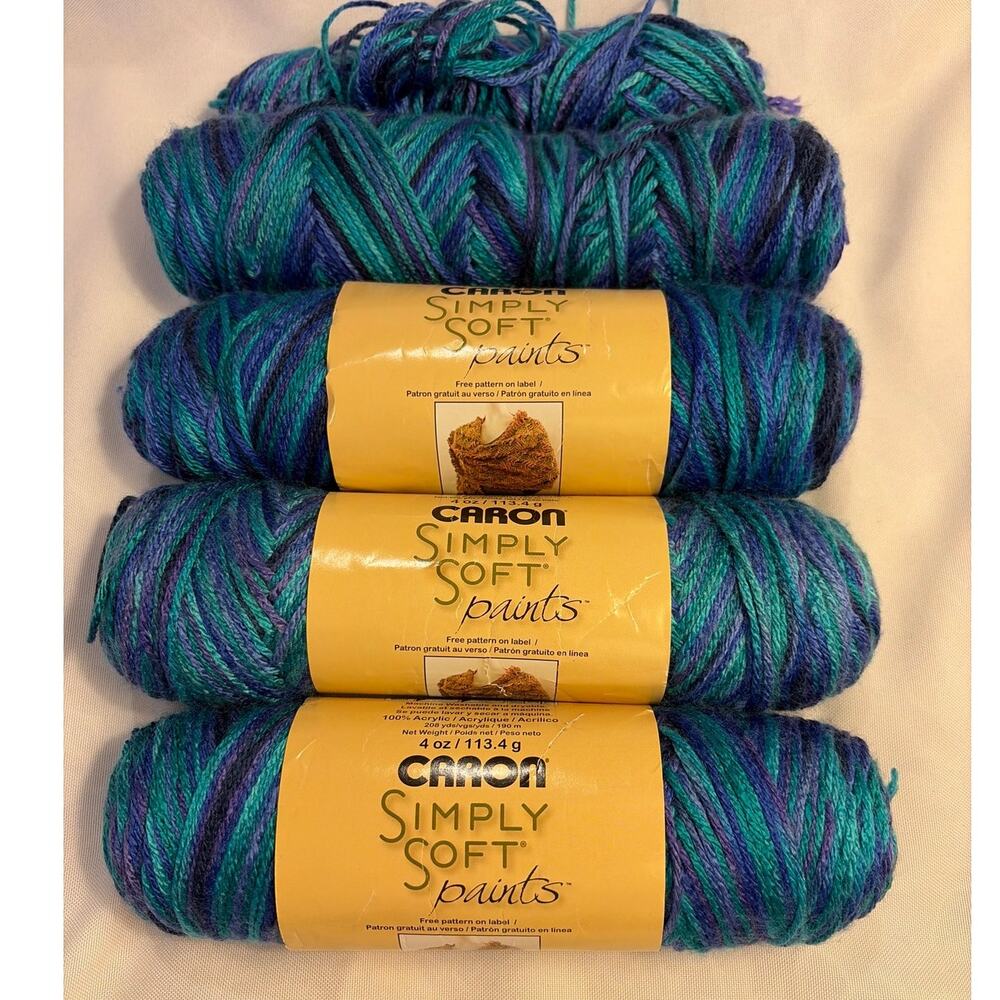 Lot of 4 Caron Simply Soft Paints Oceana Blue Purple Yarn 100% Acrylic Medium 4